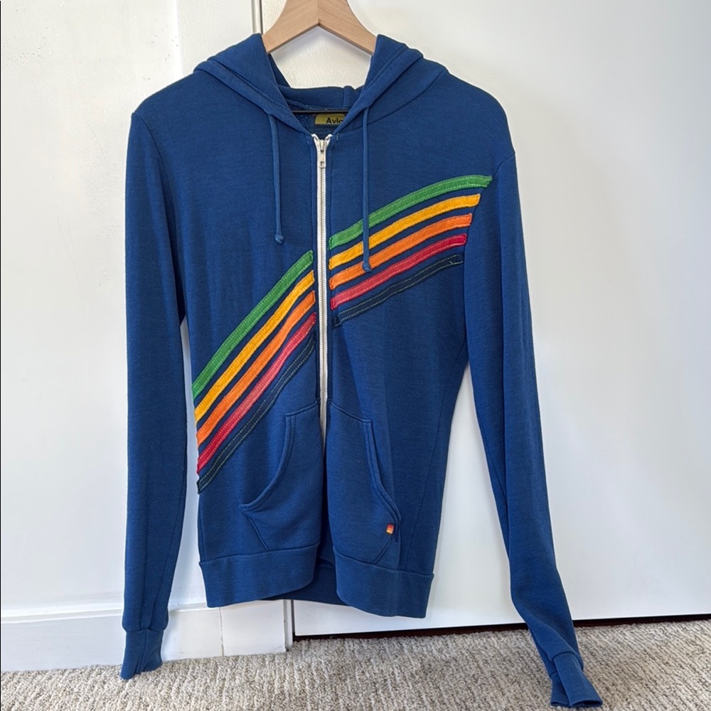 Aviator Nation blue zip up hoodie with stripes. SIZE: XS